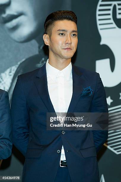 Choi Si-Won of South Korean boy band Super Junior attends the press conference for Super Junior's 7th Album 'MAMACITA' at Imperial Palace Hotel on...