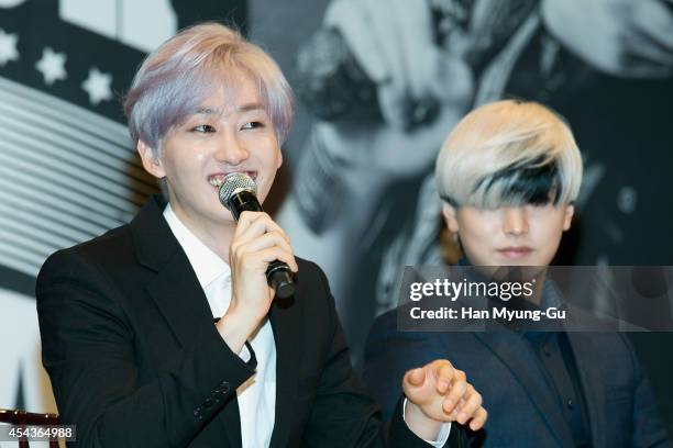 Eunhyuk of South Korean boy band Super Junior attends the press conference for Super Junior's 7th Album 'MAMACITA' at Imperial Palace Hotel on August...