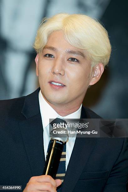 Kangin of South Korean boy band Super Junior attends the press conference for Super Junior's 7th Album 'MAMACITA' at Imperial Palace Hotel on August...