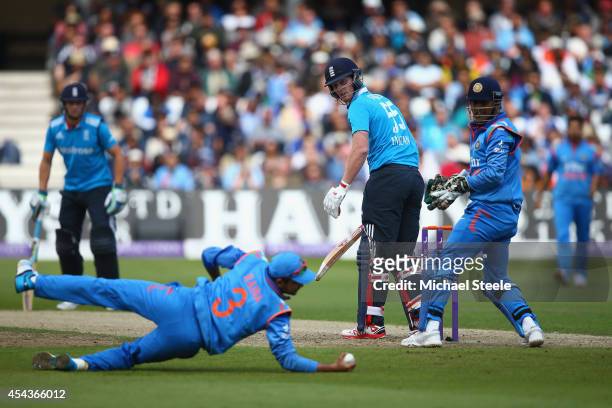 Ben Stokes of England is caught at slip by Suresh Raina of India off the bowling of Ravichandran Ashwin during the third Royal London One-Day Series...