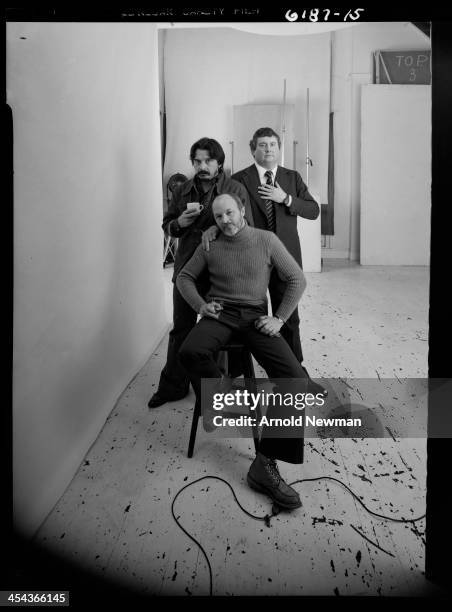 Group portrait of British photographers, from left, David Bailey, Brian Duffy , and Terence Donovan as they pose together at Swiss Cottage, London,...