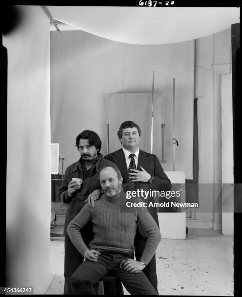 Group portrait of British photographers, from left, David Bailey, Brian Duffy , and Terence Donovan as they pose together at Swiss Cottage, London,...