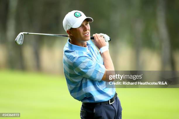 Adam Blomme of Europe in action during his match with Marcus Kinhult against Haydn McCullen and Tim Harry of GB&I during the final day of the St...