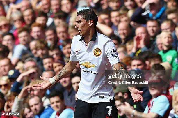 Angel di Maria of Manchester United reacts after being fouled during the Barclays Premier League match between Burnley and Manchester United at Turf...
