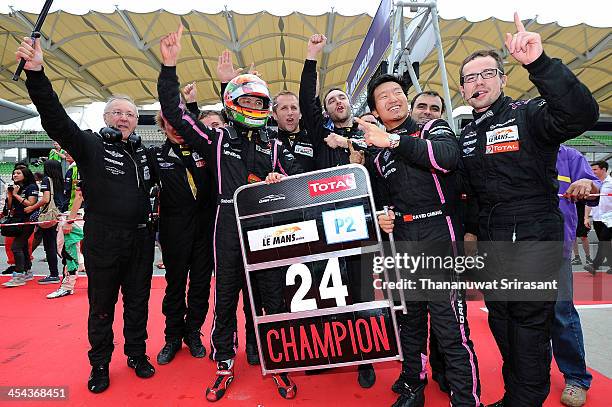 Ho-pin Tung of China driver of Oak Racing Team Total Morgan-Judd celebrates victory after the Asian Lemans Series on December 8, 2013 in Sepang,...