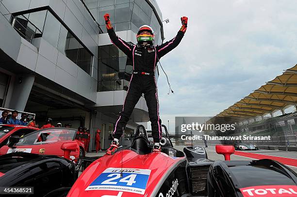 Ho-pin Tung of China driver of Oak Racing Team Total Morgan-Judd celebrates victory during the Asian Lemans Series on December 8, 2013 in Sepang,...