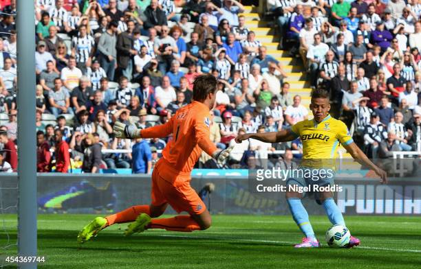 Dwight Gayle of Crystal Palace scores the opening goal past Tim Krul of Newcastle United during the Barclays Premier League match between Newcastle...