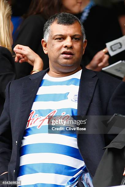 Chairman Tony Fernandes looks on during the Barclays Premier League match between Queens Park Rangers and Sunderland at Loftus Road on August 30,...