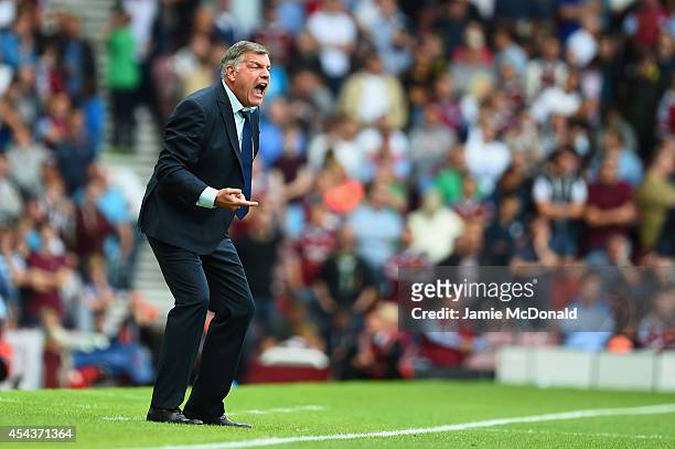 Sam Allardyce the West Ham manager reacts on the touchline during the Barclays Premier League match between West Ham United and Southampton at Boleyn...