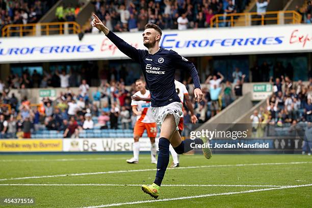 Scott Malone of Millwall celebrates after scoring to make it 2-0 during the Sky Bet Championship match between Millwall and Blackpool at The Den on...