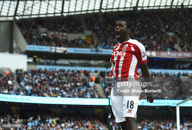 Mame Biram Diouf of Stoke City celebrates scoring the opening goal during the Barclays Premier League match between Manchester City and Stoke City at...