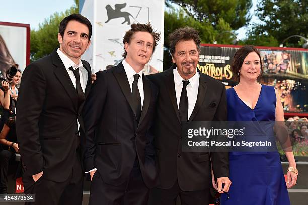 Actor Chris Messina, director David Gordon Green and actor Al Pacino with producer Lisa Muskat attend the 'Manglehorn' premiere during 71st Venice...