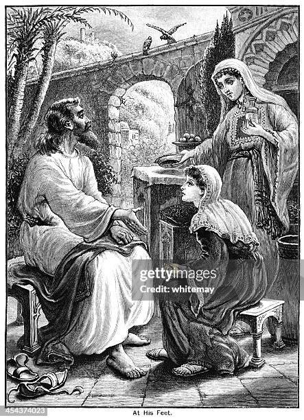 two women listening to jesus christ - jesus christ stock illustrations
