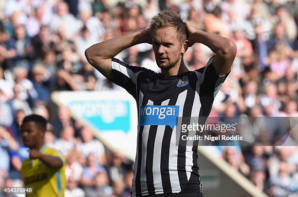 Siem de Jong of Newcastle United looks on during the Barclays Premier League match between Newcastle United and Crystal Palace at St James' Park on...