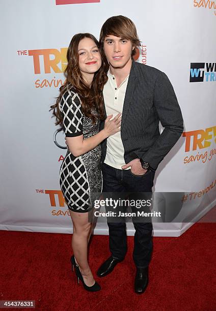 Actors Melissa Benoist and Blake Jenner attend "TrevorLIVE LA" honoring Jane Lynch and Toyota for the Trevor Project at Hollywood Palladium on...