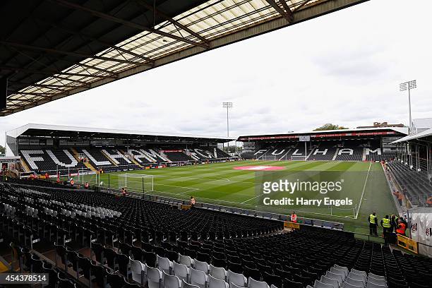 General view of the pitch ahead of the Sky Bet Championship match between Fulham and Cardiff City at Craven Cottage on August 30, 2014 in London,...