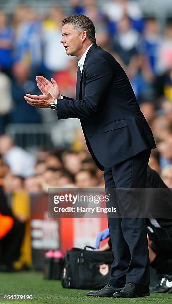 Cardiff City manager Ole Gunnar Solskjaer gestures on the sidelines during the Sky Bet Championship match between Fulham and Cardiff City at Craven...