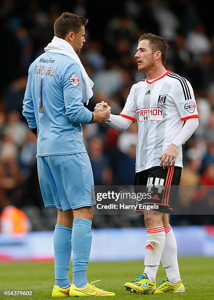 Ross McCormack of Fulham shakes hands with David Marshall of Cardiff City at the end of the Sky Bet Championship match between Fulham and Cardiff...