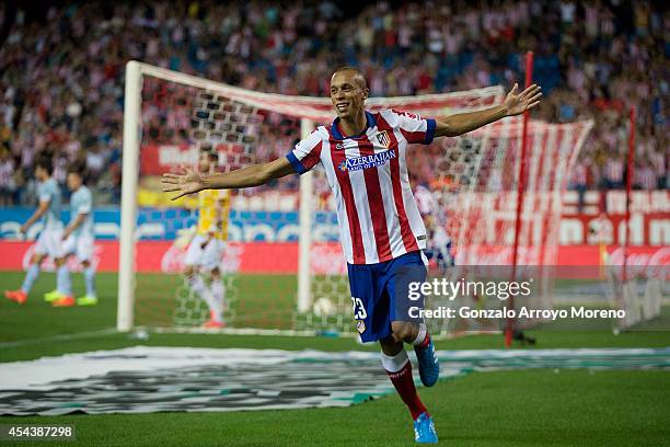 Joao Miranda of Atletico de Madrid celebrates scoring their opening goal during the La Liga match between Club Atletico de Madrid and SD Eibar at...