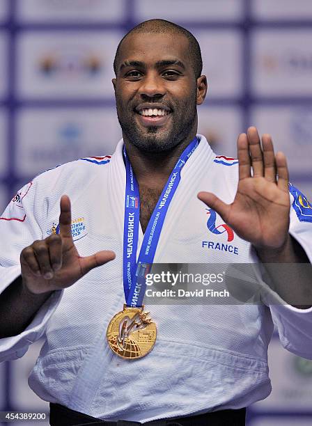 Over 100kg gold medallist, Teddy Riner of France uses his fingers to say that today he won his seventh World gold medal during the Chelyabinsk Judo...