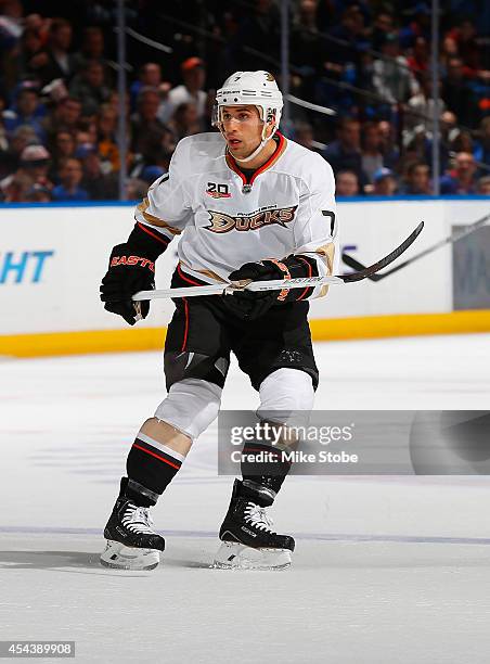 Andrew Cogliano of the Anaheim Ducks skates against the New York Islanders at Nassau Veterans Memorial Coliseum on December 21, 2013 in Uniondale,...