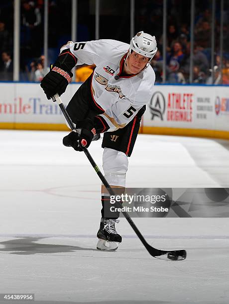 Luca Sbisa of the Anaheim Ducks skates against the New York Islanders at Nassau Veterans Memorial Coliseum on December 21, 2013 in Uniondale, New...