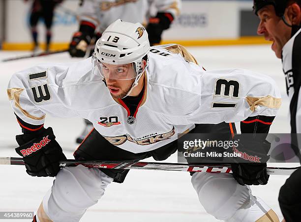 Nick Bonino of the Anaheim Ducks skates against the New York Islanders at Nassau Veterans Memorial Coliseum on December 21, 2013 in Uniondale, New...