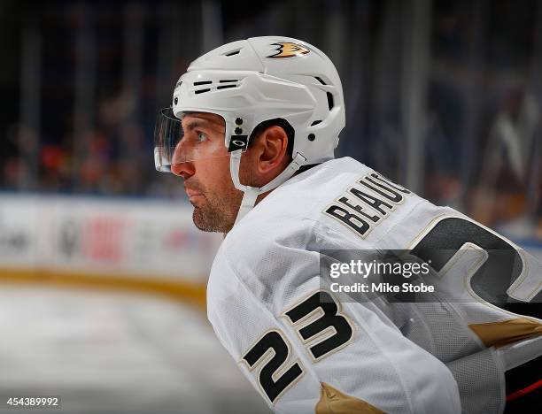 Francois Beauchemin of the Anaheim Ducks skates against the New York Islanders at Nassau Veterans Memorial Coliseum on December 21, 2013 in...