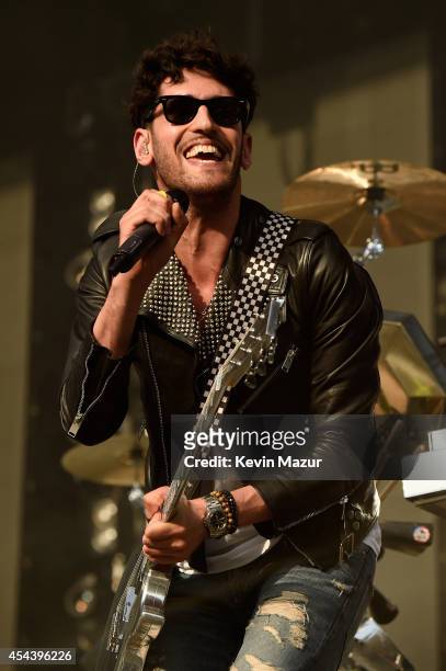 Musicians Dave 1 of Chromeo performs onstage at the 2014 Budweiser Made In America Festival at Benjamin Franklin Parkway on August 30, 2014 in...