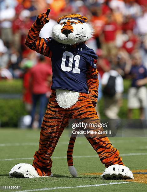 Auburn Tigers mascot Aubie cheers on the field before the game between the Auburn Tigers and the Arkansas Razorbacks at Jordan Hare Stadium on August...