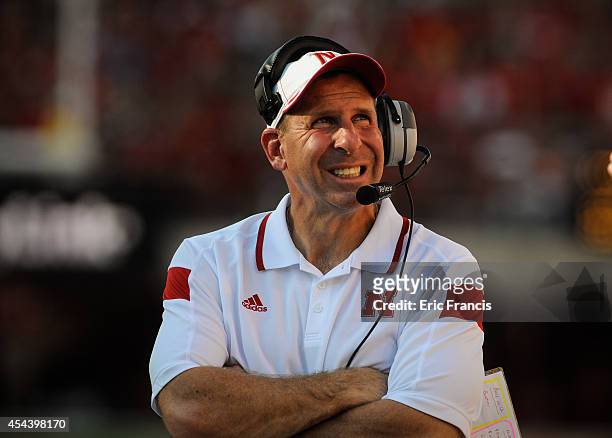 Nebraska Cornhuskers head coach Bo Pelini reacts to a replay during their game against the Florida Atlantic Owls at Memorial Stadium on August 30,...