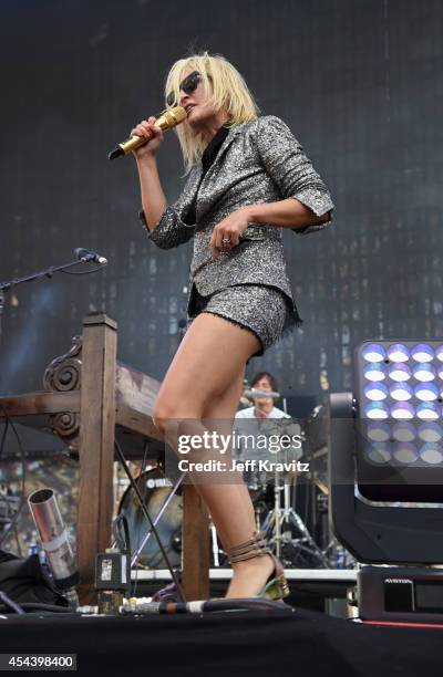 Recording artist Emily Haines of Metric performs on the Dylan Stage during day 1 of the 2014 Budweiser Made in America Festival at Los Angeles Grand...