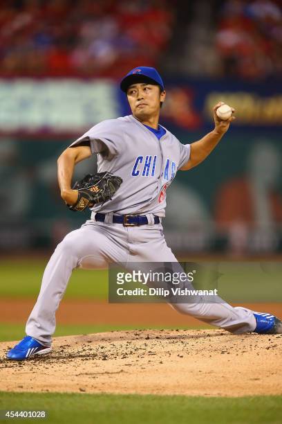 Starter Tsuyoshi Wada of the Chicago Cubs pitches against the St. Louis Cardinals in the first inning at Busch Stadium on August 30, 2014 in St....