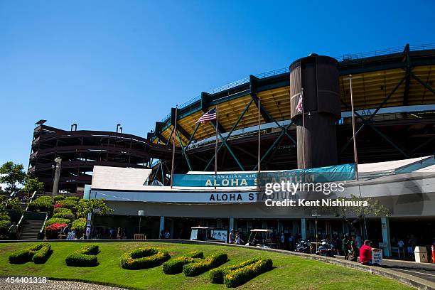 General view of Aloha Stadium prior to the start of the game between the Washington Huskies and the Hawaii Rainbow Warriors on August 30, 2014 in...