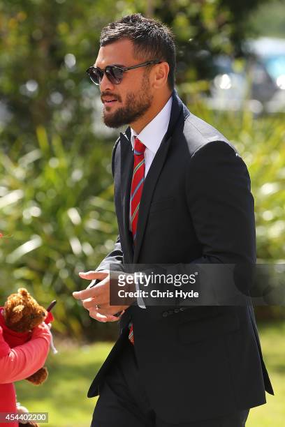 Karmichael Hunt arrives at the round 23 AFL match between the Gold Coast Suns and the West Coast Eagles at Metricon Stadium on August 31, 2014 in...