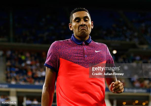 Nick Kyrgios of Australia reacts in his match against Tommy Robredo of Spain on Day Six of the 2014 US Open at the USTA Billie Jean King National...