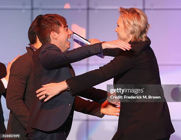 Actors Kevin McHale and Jane Lynch speak onstage at "TrevorLIVE LA" honoring Jane Lynch and Toyota for the Trevor Project at Hollywood Palladium on...