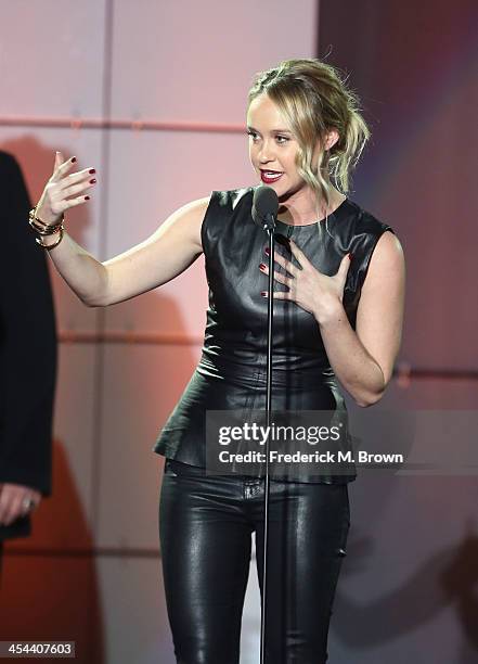 Actress Becca Tobin speaks onstage at "TrevorLIVE LA" honoring Jane Lynch and Toyota for the Trevor Project at Hollywood Palladium on December 8,...