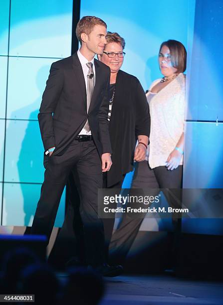 Actor/Producer Shane Bitney Crone and Cynthia Bitney speak onstage at "TrevorLIVE LA" honoring Jane Lynch and Toyota for the Trevor Project at...
