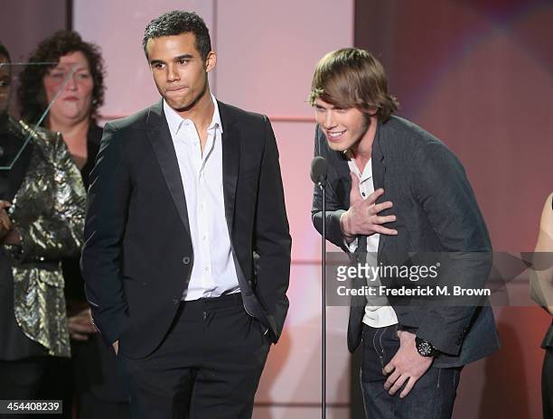 Actors Dot-Marie Jones, Jacob Artist, and Blake Jenner speaks onstage at "TrevorLIVE LA" honoring Jane Lynch and Toyota for the Trevor Project at...