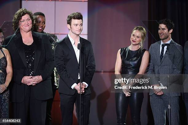 The cast of Glee speaks onstage at "TrevorLIVE LA" honoring Jane Lynch and Toyota for the Trevor Project at Hollywood Palladium on December 8, 2013...