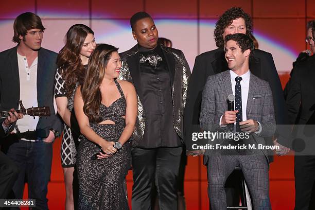 The cast of Glee speaks onstage at "TrevorLIVE LA" honoring Jane Lynch and Toyota for the Trevor Project at Hollywood Palladium on December 8, 2013...