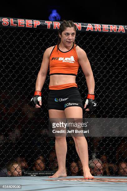 Bethe Correia stands in her corner before facing Shayna Baszler in their women's bantamweight fight at UFC 177 inside the Sleep Train Arena on August...