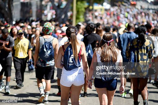 Music fans attend American Eagle Outfitters Celebrates the Budweiser Made in America Music Festival during day 1 at Los Angeles Grand Park on August...