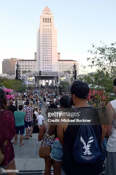 Music fans attend American Eagle Outfitters Celebrates the Budweiser Made in America Music Festival during day 1 at Los Angeles Grand Park on August...