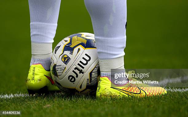 Detail shot of a Mitre Oxford United Sky Bet League Two match ball and Nike boots during the Sky Bet League Two match between Oxford United and...