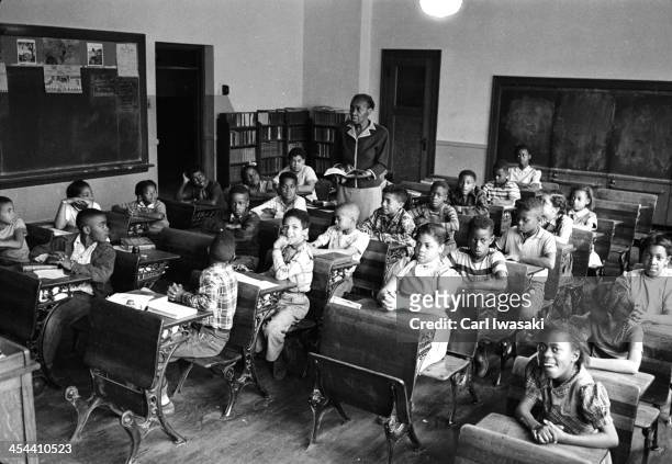 View of nine-year-old African-American student Linda Brown sits with her classmates at the racially segregated Monroe Elementary School, Topeka,...