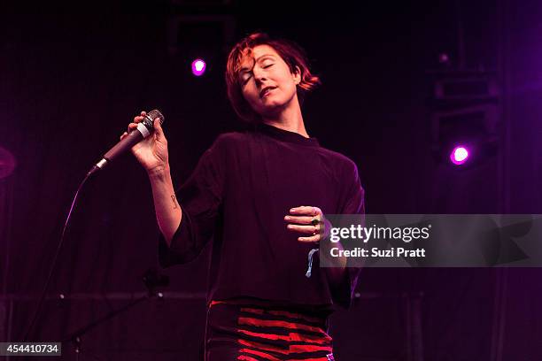 Channy Leaneagh of Polica performs at the Bumbershoot Music and Arts Festival on August 30, 2014 in Seattle, Washington.