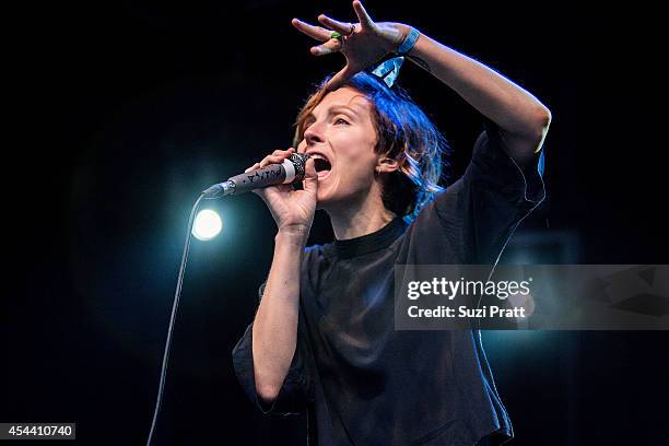 Channy Leaneagh of Polica performs at the Bumbershoot Music and Arts Festival on August 30, 2014 in Seattle, Washington.