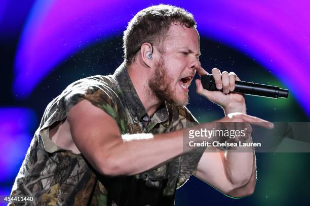 Vocalist Dan Reynolds of Imagine Dragons performs during Day 1 of the Budweiser Made in America festival at Los Angeles Grand Park on August 30, 2014...
